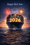 Illustration of a container ship at sea marked “2026,” with stacked containers and fireworks overhead, symbolizing the new year in global shipping.